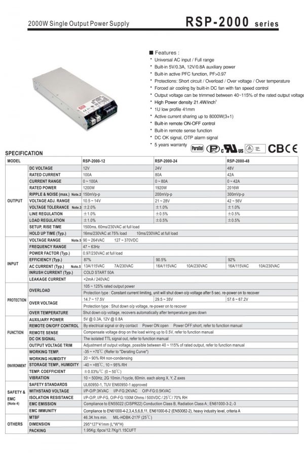 Mean Well Power Supply with Single Output RSP-2000 series