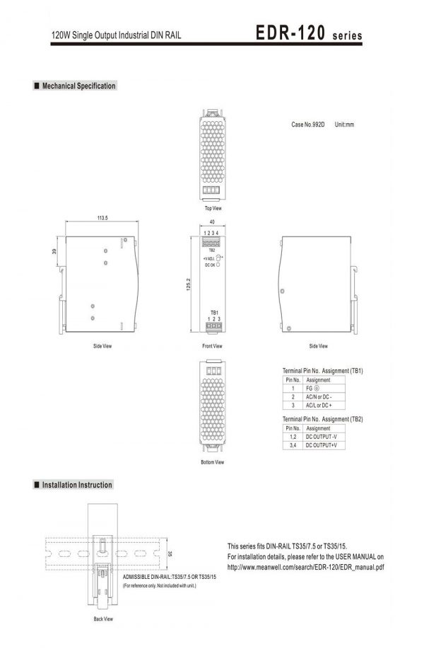 Mean Well Single Output Industrial DIN RAIL EDR-120 series