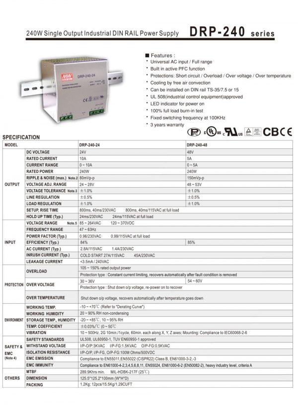 Mean Well Three Phase Industrial DIN RAIL Power Supply DRT-240