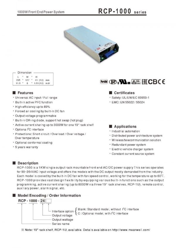 Mean Well Front End Power System RCP-1000 series