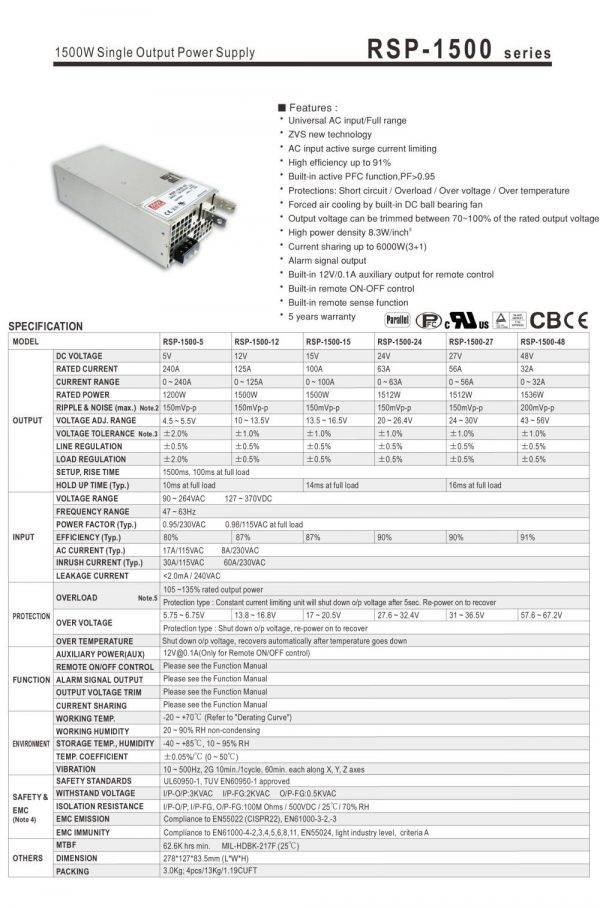 Mean Well Single Output Power Supply RSP-1500 series