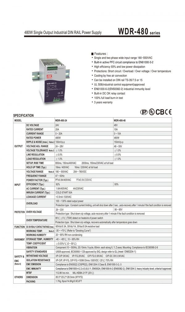 Mean Well Single Output Industrial DIN RAIL Power Supply WDR-480 series