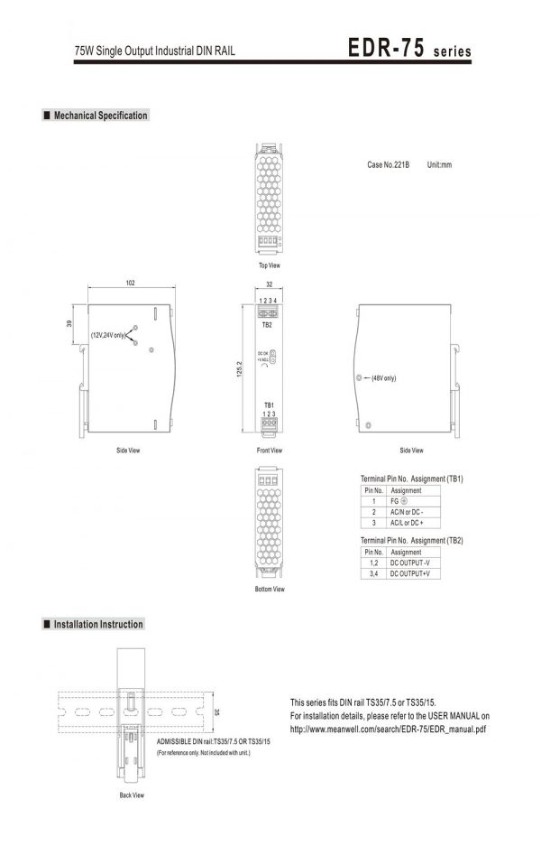 Mean Well Single Output Industrial DIN RAIL EDR-75 series