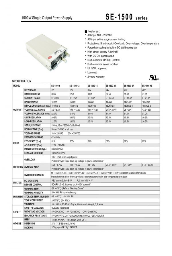 Mean Well Single Output Power Supply SE-1500 series