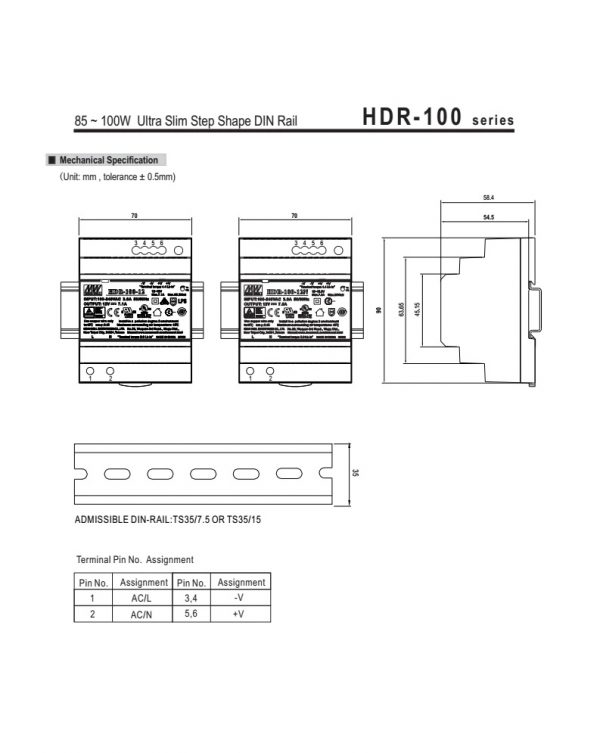 Mean Well 100W Ultra Slim Step Shape DIN Rail HDR-100 series