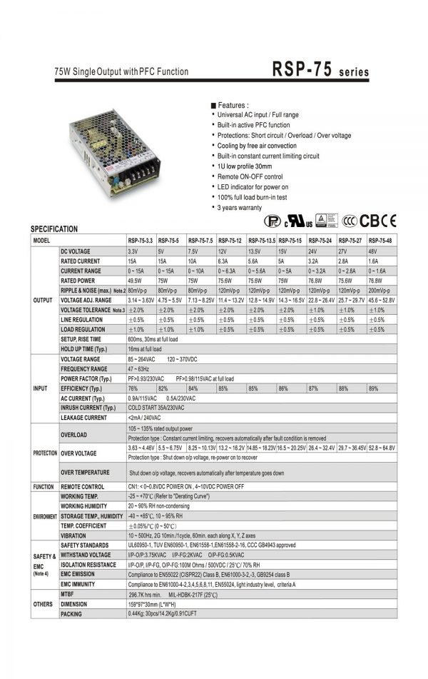 Mean Well Single Output with PFC Function RSP-75 series