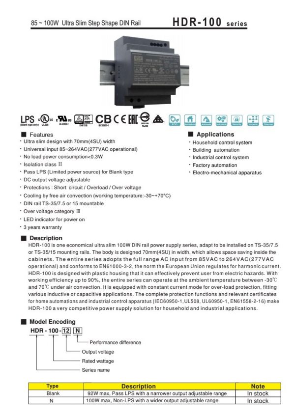 Mean Well 100W Ultra Slim Step Shape DIN Rail HDR-100 series