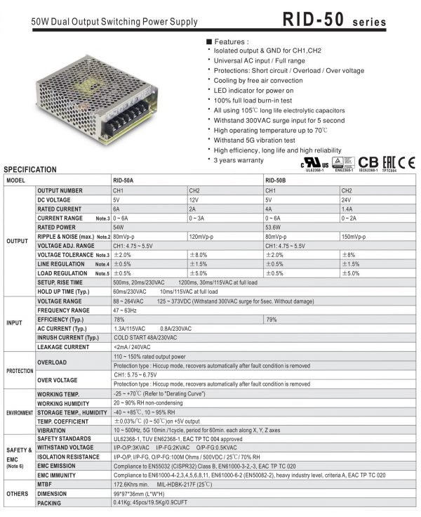Dual Output Switching Power Supply RID-50 series