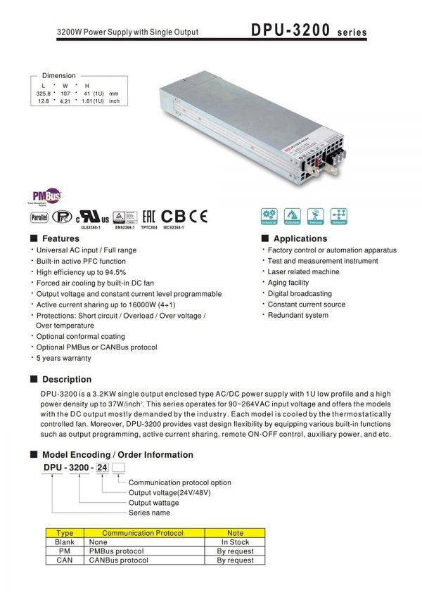 Mean Well Power Supply with Single Output DPU-3200 series