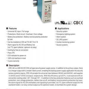 Mean Well Single Output with Battery Charger UOS Function DRC-40 series
