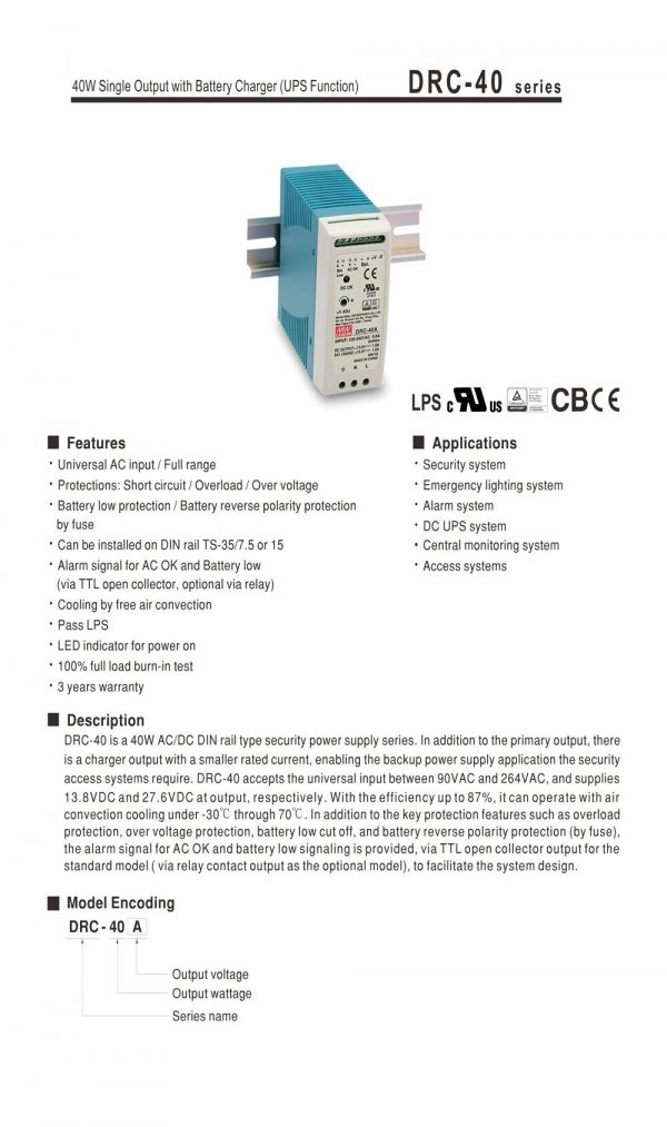 Mean Well Single Output with Battery Charger UOS Function DRC-40 series