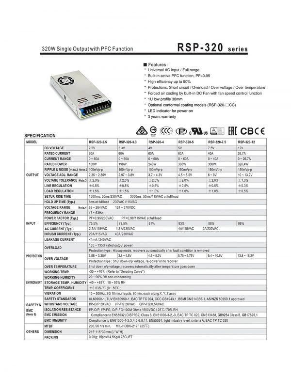 Mean Well single output with pfc function rsp-320 series
