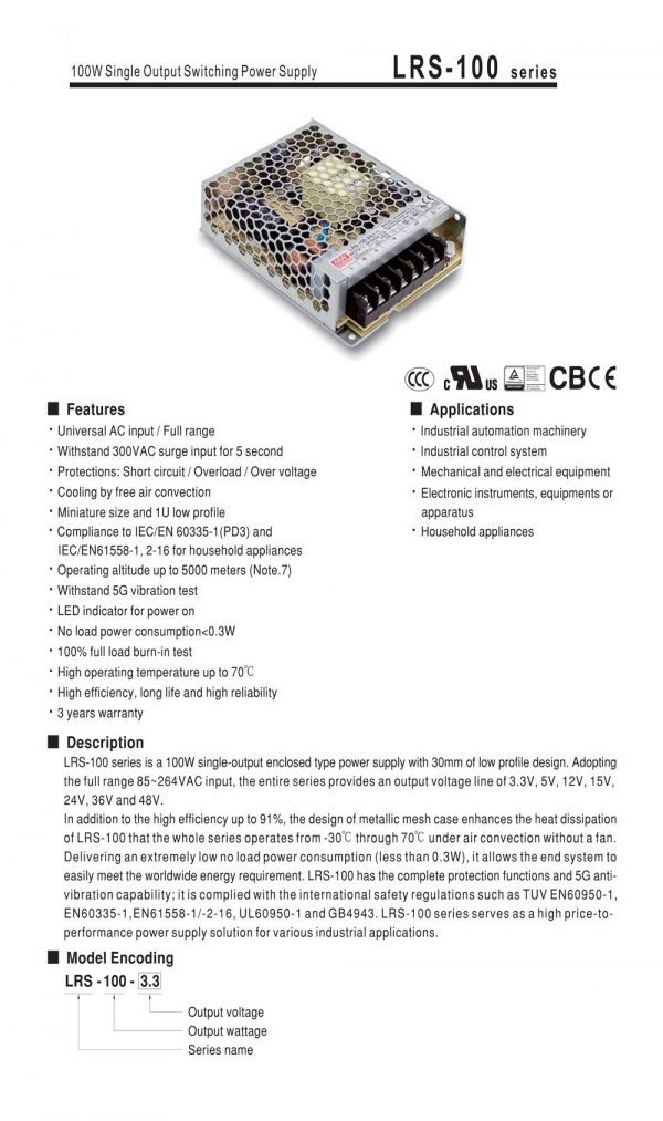 Mean Well Single Output Switching Power Supply LRS-100 series