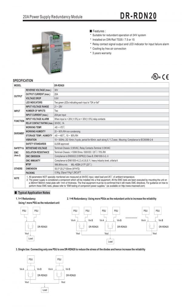 Mean Well Power Supply Redundancy Module DR-RDN20