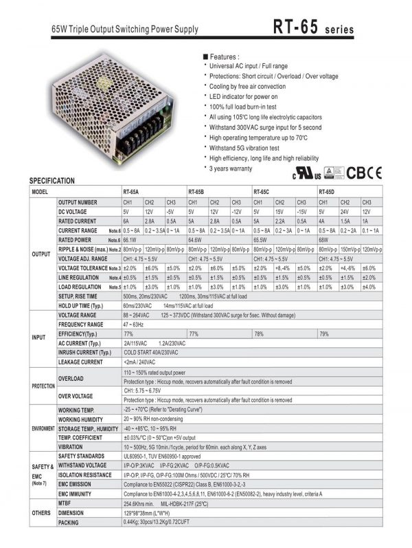 Mean Well Triple Output Switching Power Supply RT-65 series