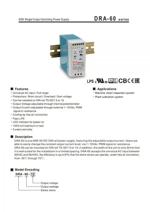 Mean Well Single Output Switching Power Supply DRA-60 series
