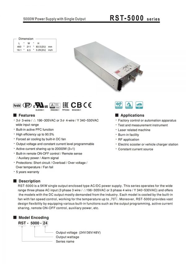 Mean Well Power Supply with Single Output RST-5000 series