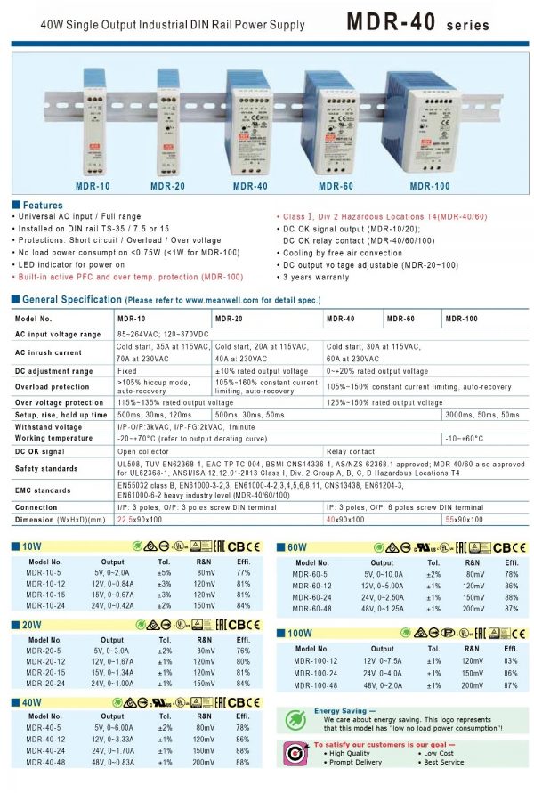 Mean Well Single Output Industrial DIN Rail Power Supply MDR- 40 series