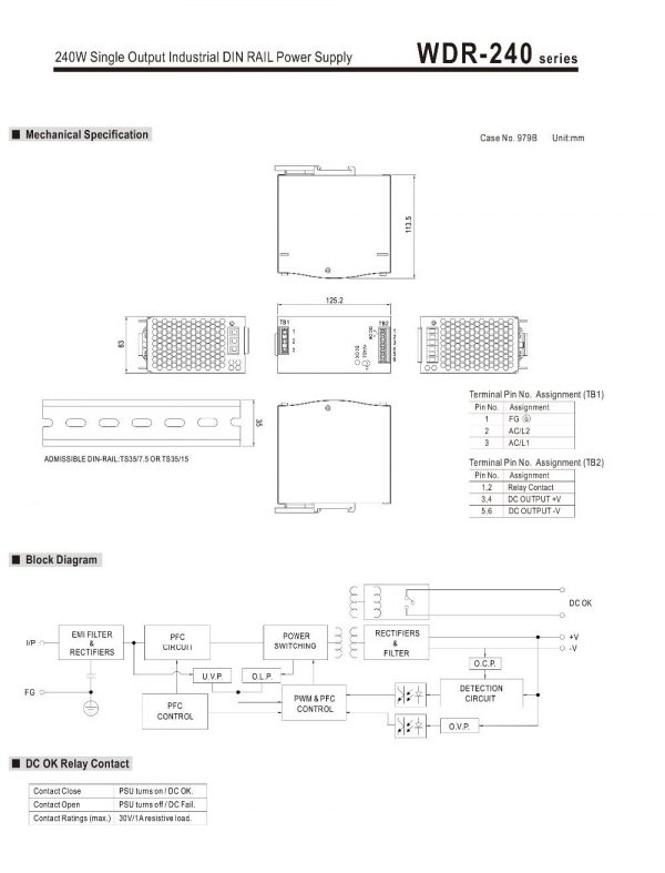 Mean Well Single Output Industrial DIN RAIL Power Supply WDR-240 series