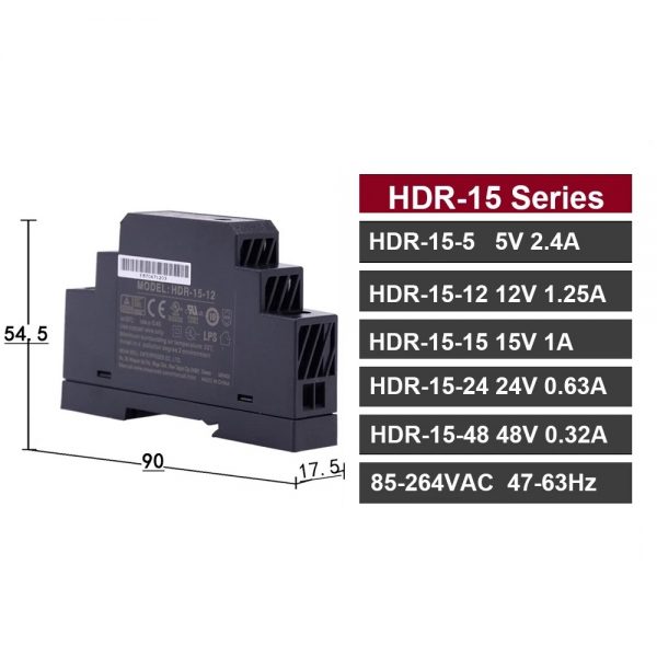 Mean Well Ultra Slim Step Shape DIN Rail HDR-15 series