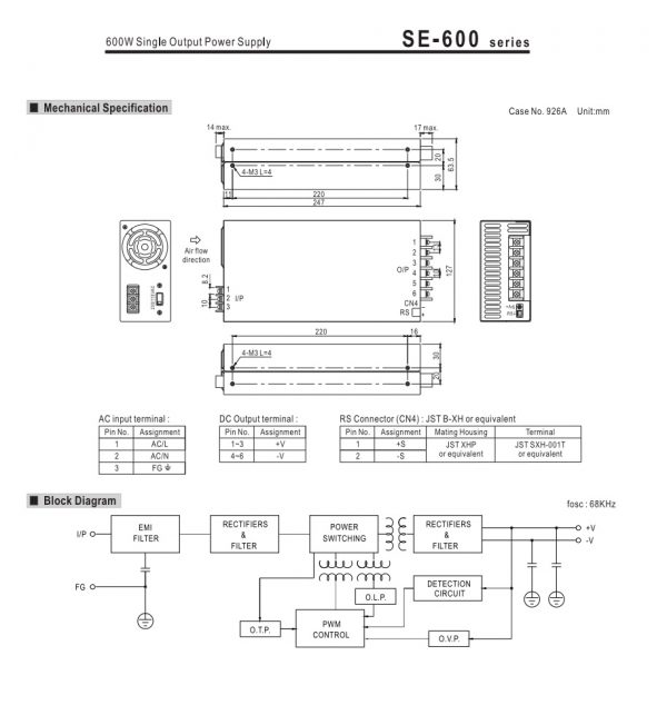 Mean Well Single Output Power Supply SE-600 series
