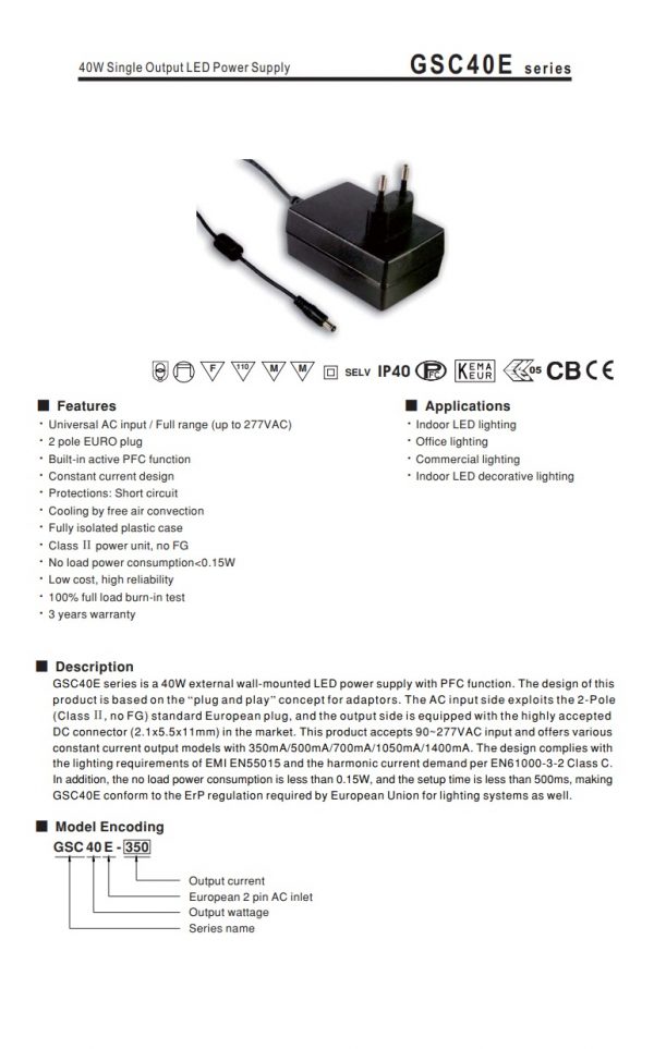 Mean Well Single Output LED Power Supply GSC40E series