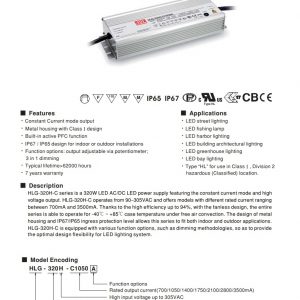 Mean Well Constant Current Mode LED Driver HLG-320H-C series