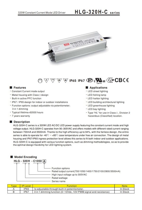 Mean Well Constant Current Mode LED Driver HLG-320H-C series
