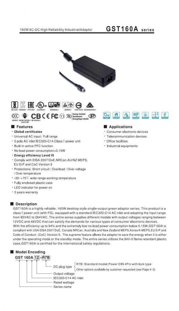Mean Well AC-DC High Reliability Industrial Adaptor GST160A series