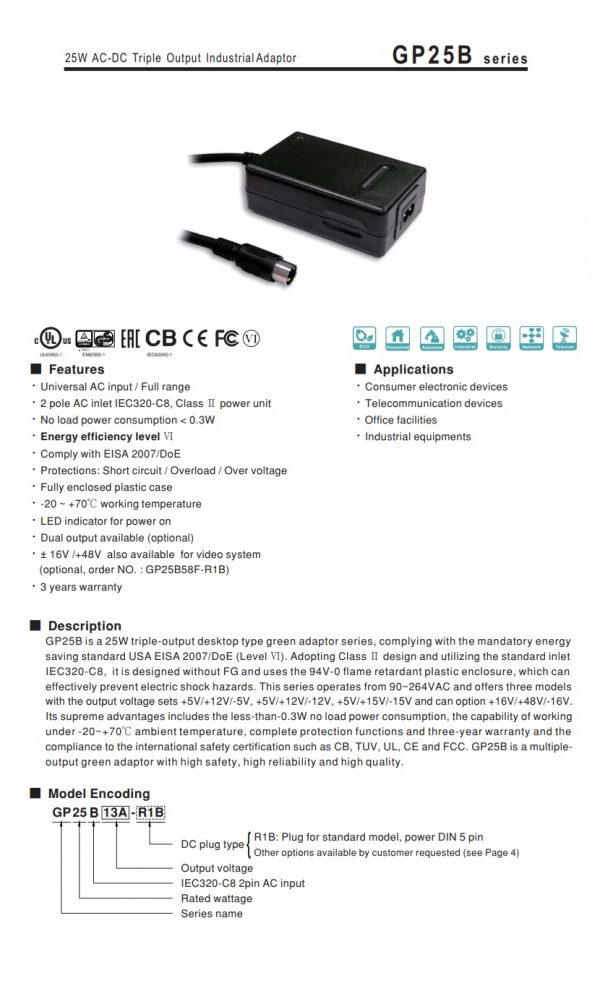 Mean Well 25W AC-DC Triple Output Industrial Adaptor GP25B series