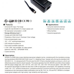 Mean Well 50W AC-DC Triple Output Industrial Adaptor GP50A series