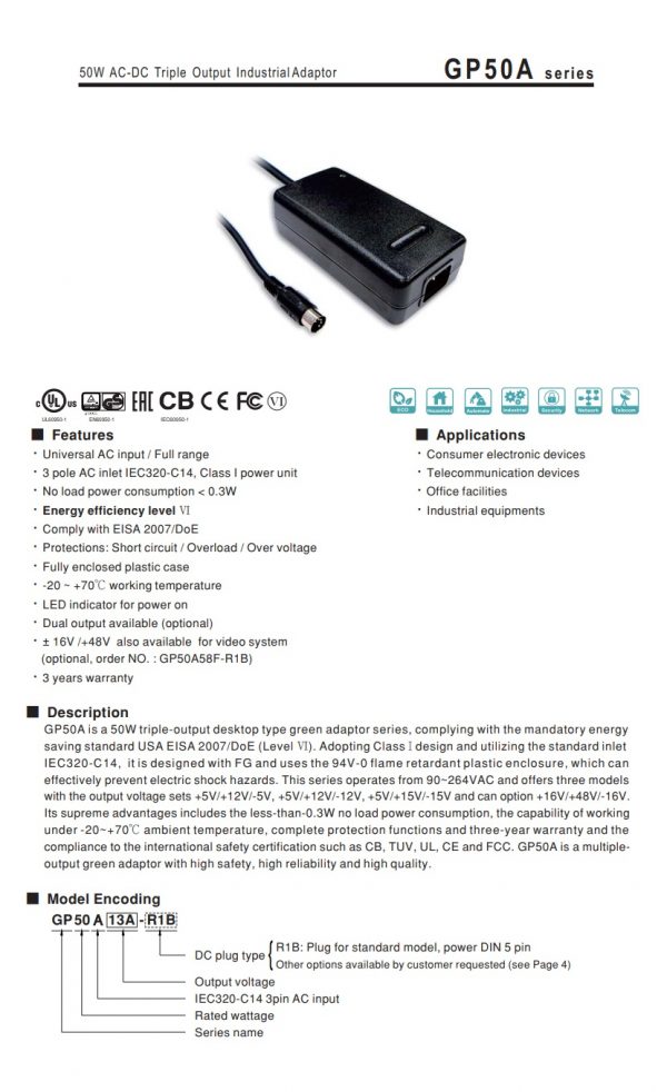 Mean Well 50W AC-DC Triple Output Industrial Adaptor GP50A series