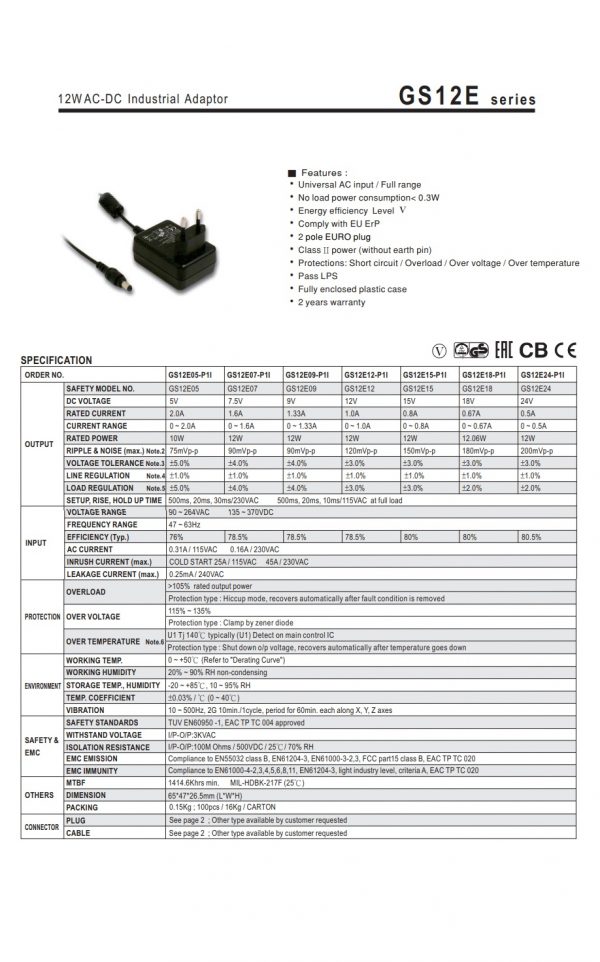 Mean Well 12W AC-DC Industrial Adaptor GS12E series