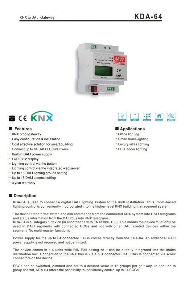 Mean Well KNX to DALI Gateway KDA-64