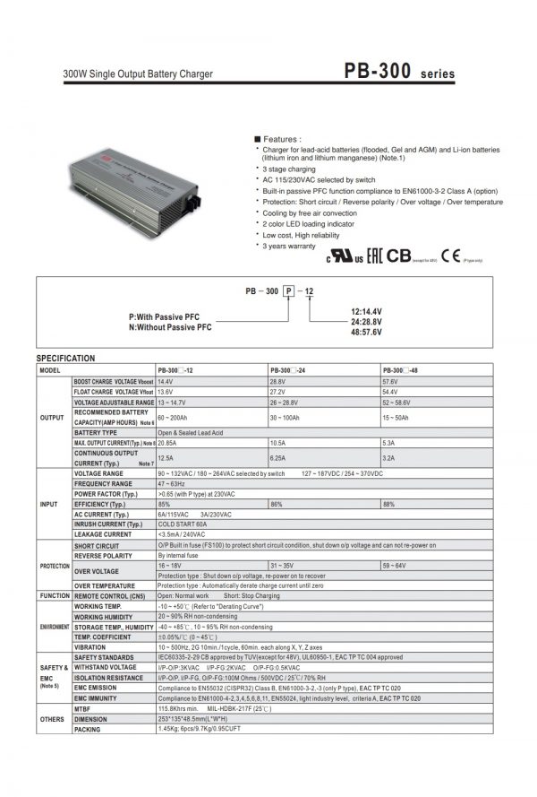 Mean Well 300W Single Output Battery Charger PB-300 series