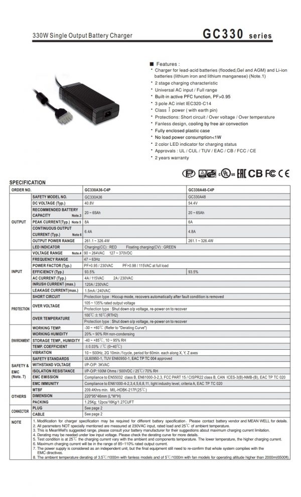 Mean Well 330W Single Output Battery Charger GC330 series