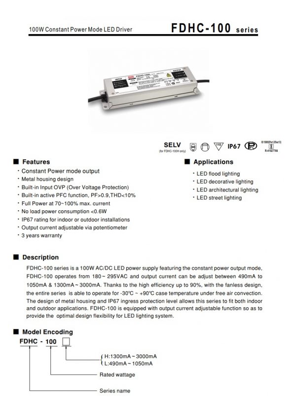 Mean Well Constant Power Mode LED Driver FDHC-100 series