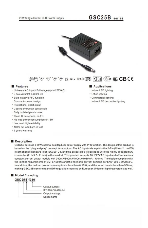 Mean Well Single Output LED Power Supply GSC25B series