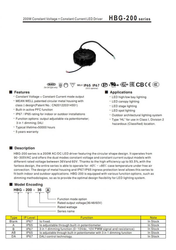Mean Well Constant Voltage Constant Current LED Driver HBG-200 series