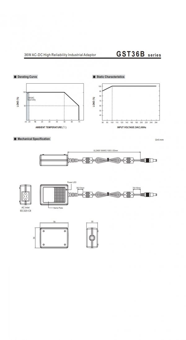Mean Well 36W AC-DC High Reliability Industrial Adaptor GST36B series