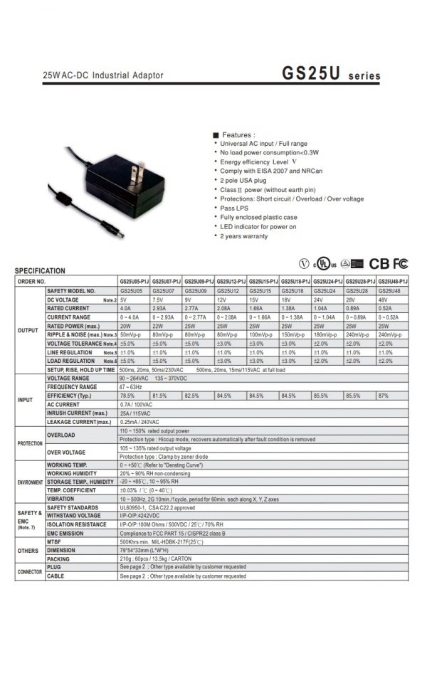 Mean Well 25W AC-DC Industrial Adaptor GS25U series