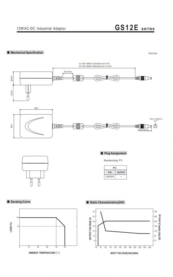 Mean Well 12W AC-DC Industrial Adaptor GS12E series