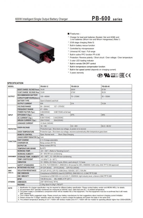 Mean Well 600W Intelligent Single Output Battery Charger PB-600 series
