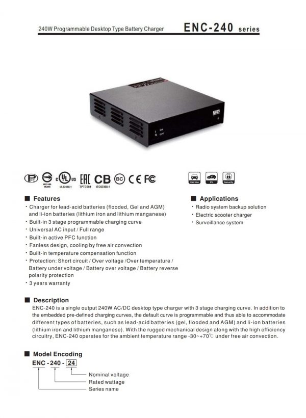 Mean Well Programmable Desktop Type Battery Charger ENC-240 series