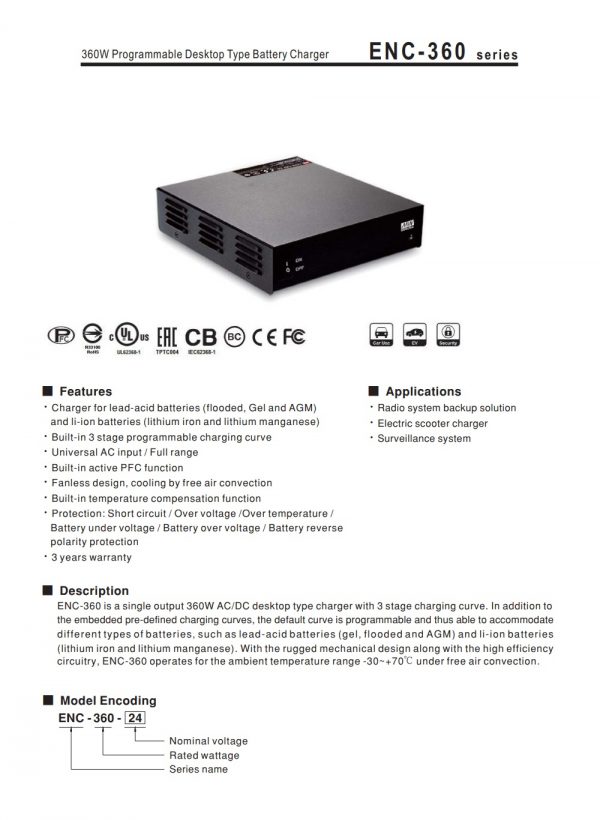 Mean Well Programmable Desktop Type Battery Charger ENC-360 series