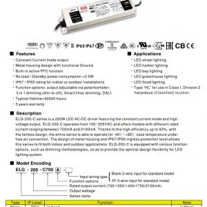 Mean Well Constant Current Mode LED Driver ELG-200-C series