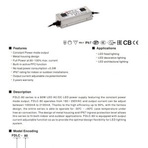 Mean Well Constant Power Mode LED Driver FDLC-80 series