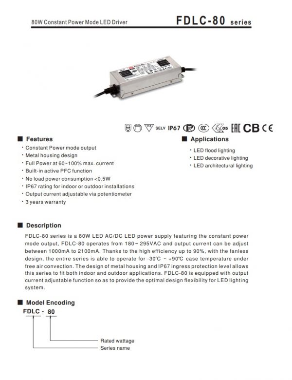 Mean Well Constant Power Mode LED Driver FDLC-80 series