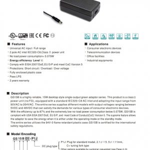 Mean Well 15W AC-DC Reliable Industrial Adaptor GS15B series