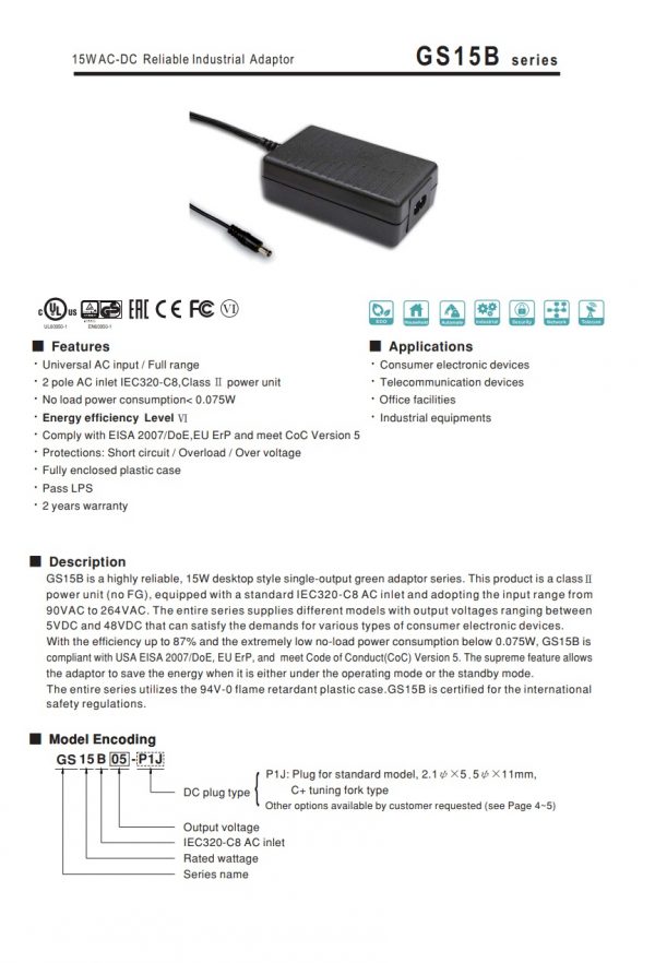 Mean Well 15W AC-DC Reliable Industrial Adaptor GS15B series